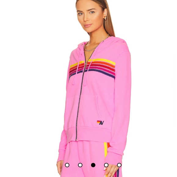 NWT AVIATOR NATION 5 Stripe Zip Hoodie in Neon Pink, Yellow, & Purple - XS - Picture 2 of 6